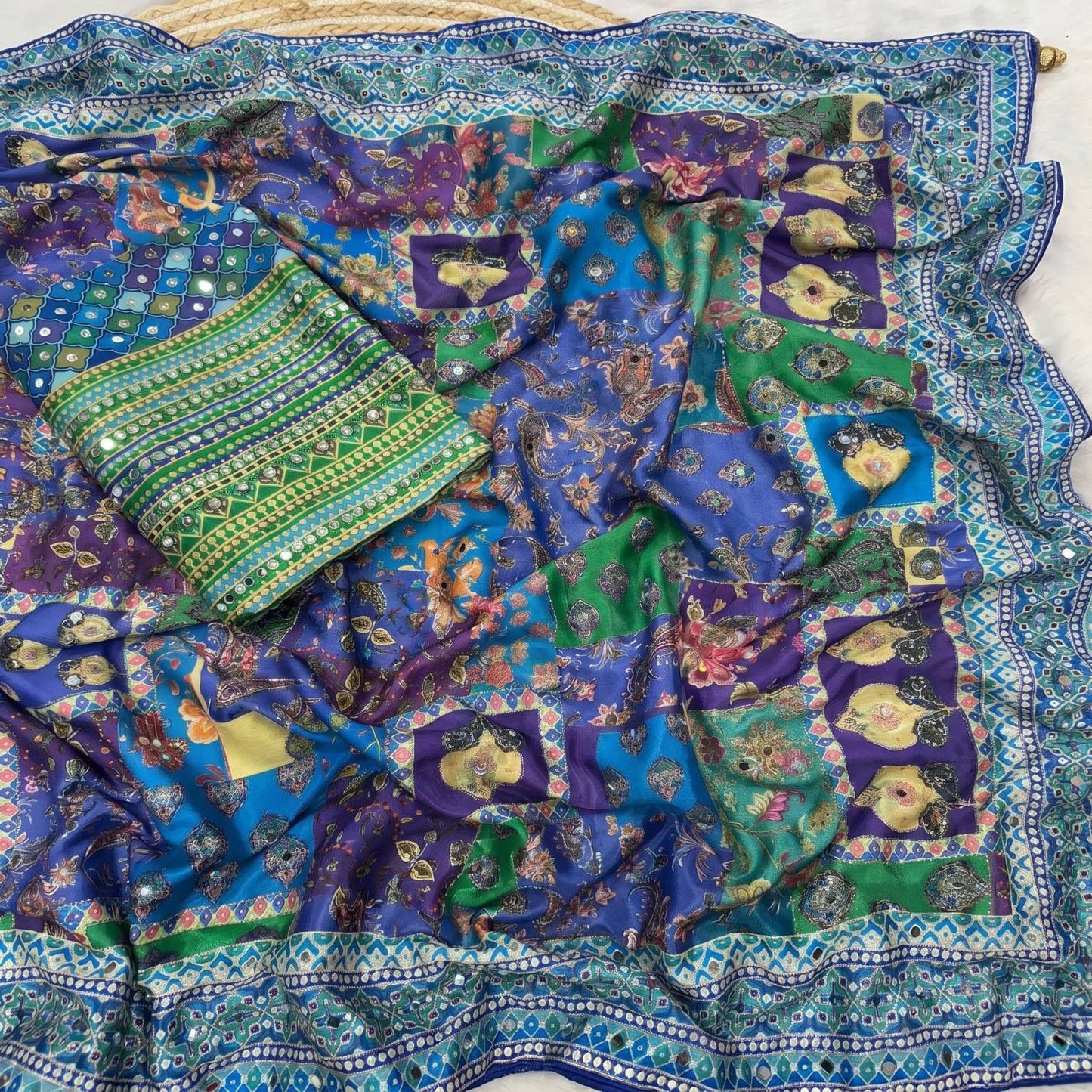 Multi-Color Printed Silk Saree with Blouse | Festive & Wedding Wear (blue)