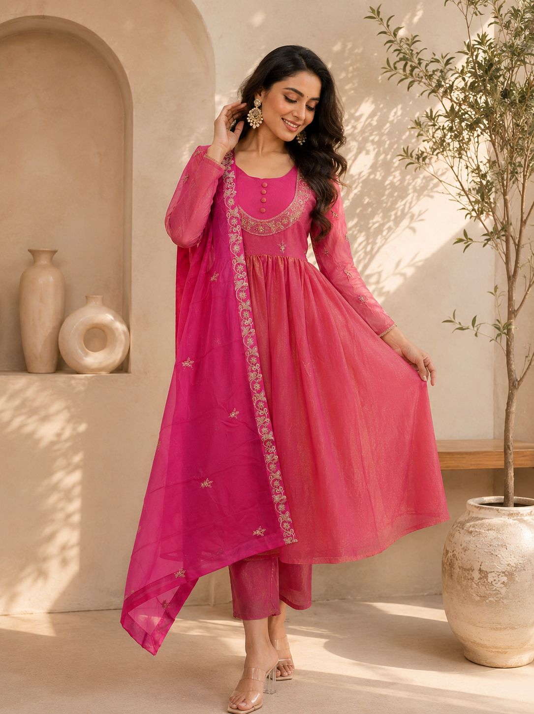 Women Embroidered Chinon Kurta Palazzo Dupatta Set with Ethnic Wear