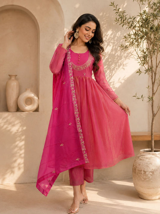 Women Embroidered Chinon Kurta Palazzo Dupatta Set with Ethnic Wear
