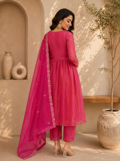 Women Embroidered Chinon Kurta Palazzo Dupatta Set with Ethnic Wear