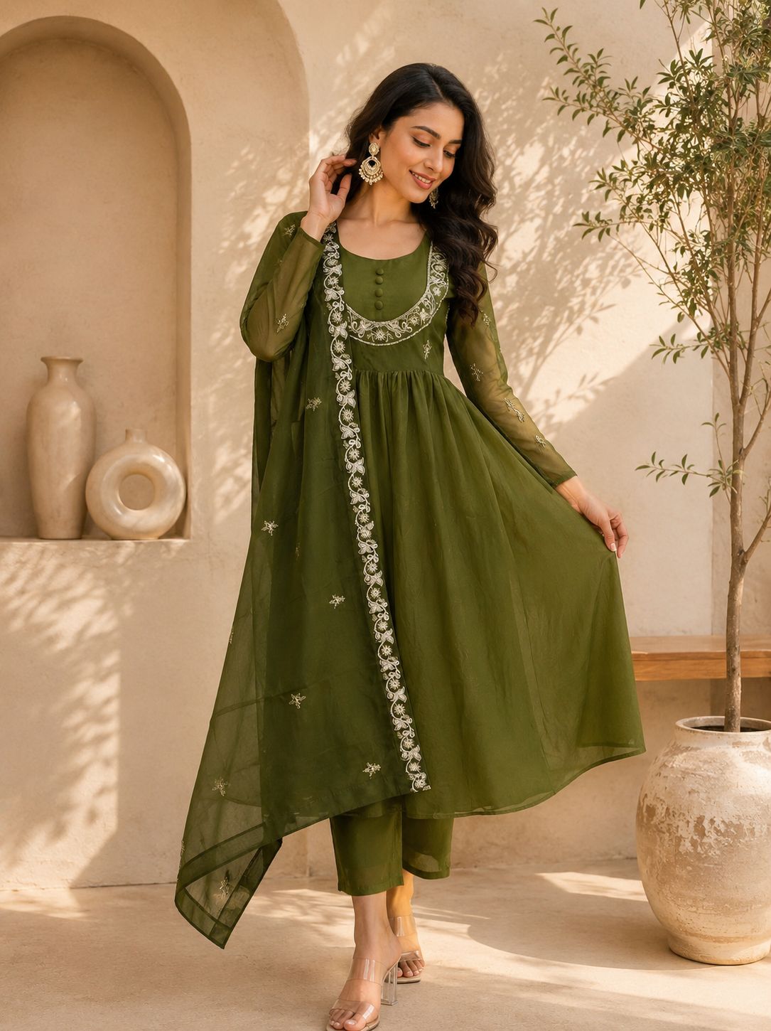 Women Embroidered Chinon Kurta Palazzo Dupatta Set with Ethnic Wear