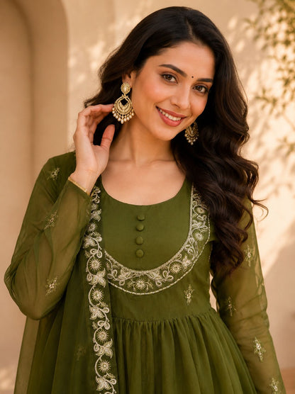 Women Embroidered Chinon Kurta Palazzo Dupatta Set with Ethnic Wear
