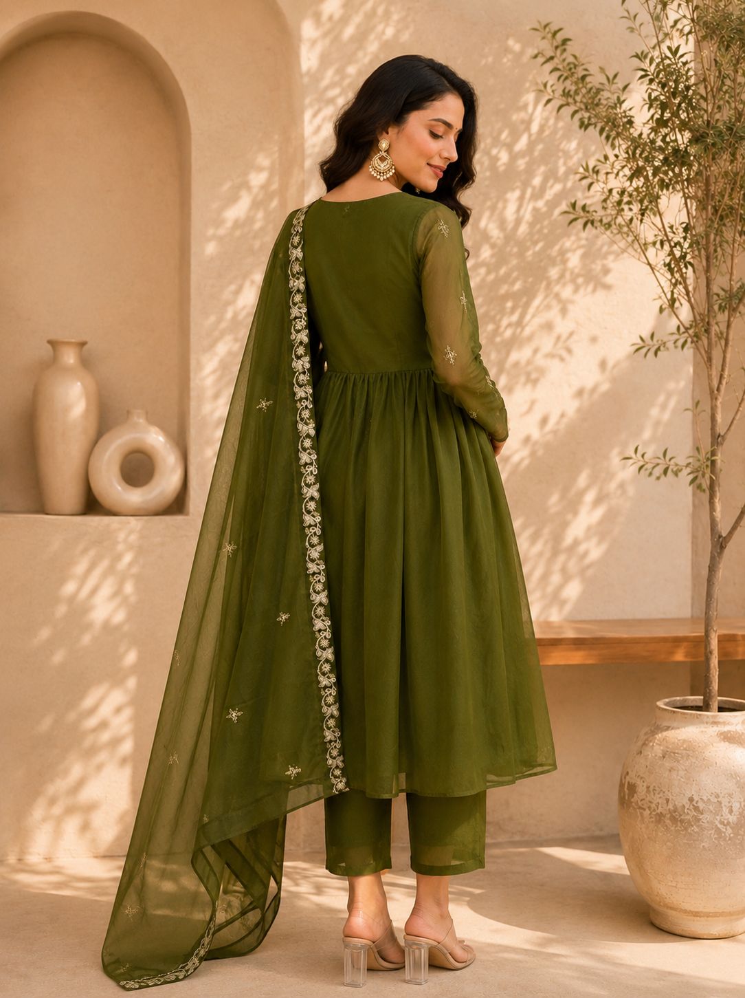 Women Embroidered Chinon Kurta Palazzo Dupatta Set with Ethnic Wear