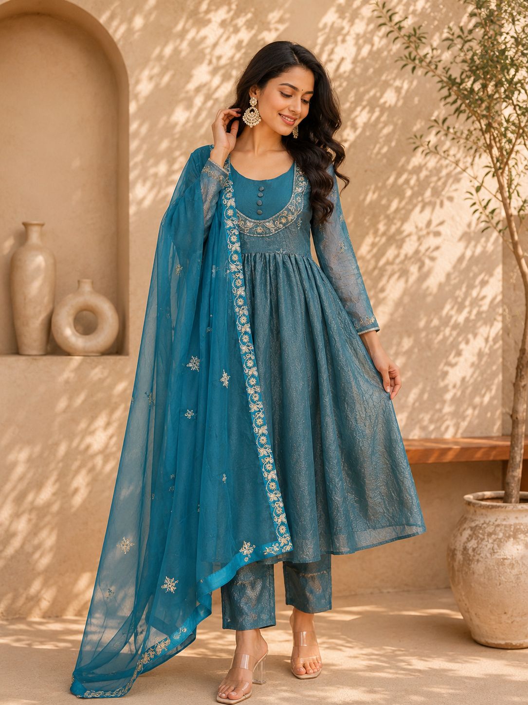 Women Embroidered Chinon Kurta Palazzo Dupatta Set with Ethnic Wear