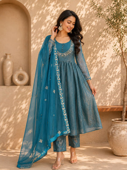 Women Embroidered Chinon Kurta Palazzo Dupatta Set with Ethnic Wear