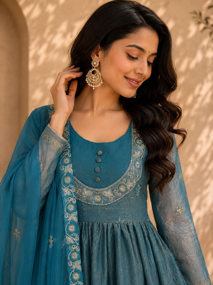 Women Embroidered Chinon Kurta Palazzo Dupatta Set with Ethnic Wear
