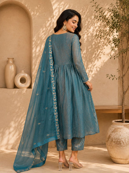 Women Embroidered Chinon Kurta Palazzo Dupatta Set with Ethnic Wear