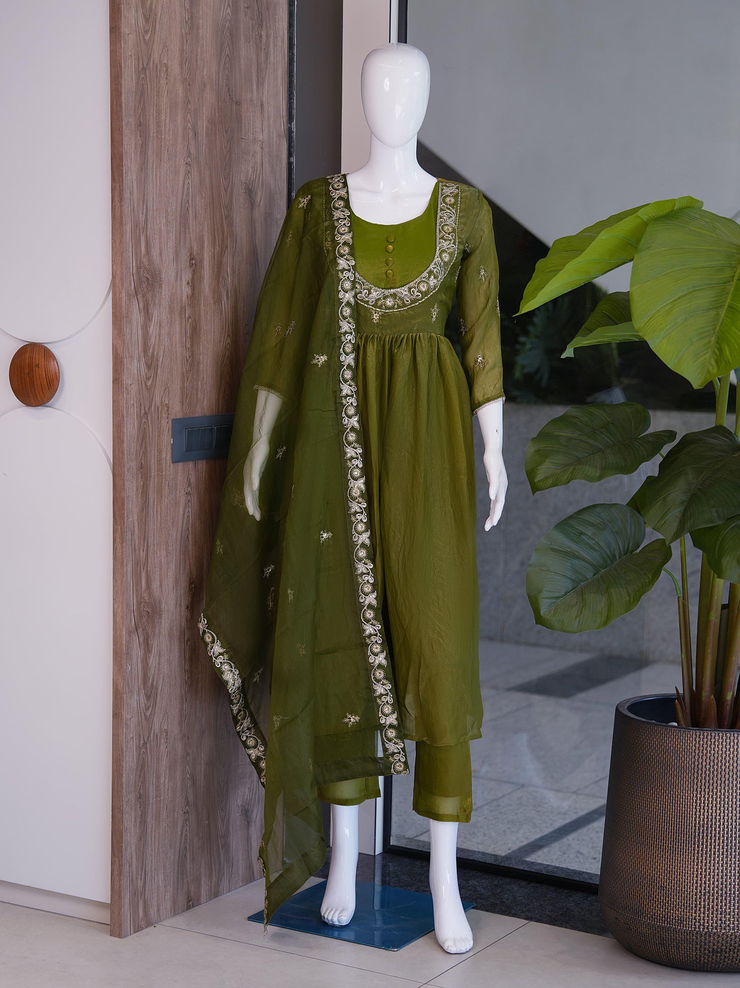 Women Embroidered Chinon Kurta Palazzo Dupatta Set with Ethnic Wear