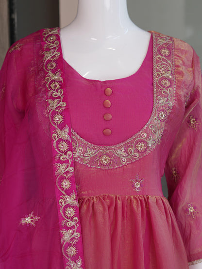 Women Embroidered Chinon Kurta Palazzo Dupatta Set with Ethnic Wear
