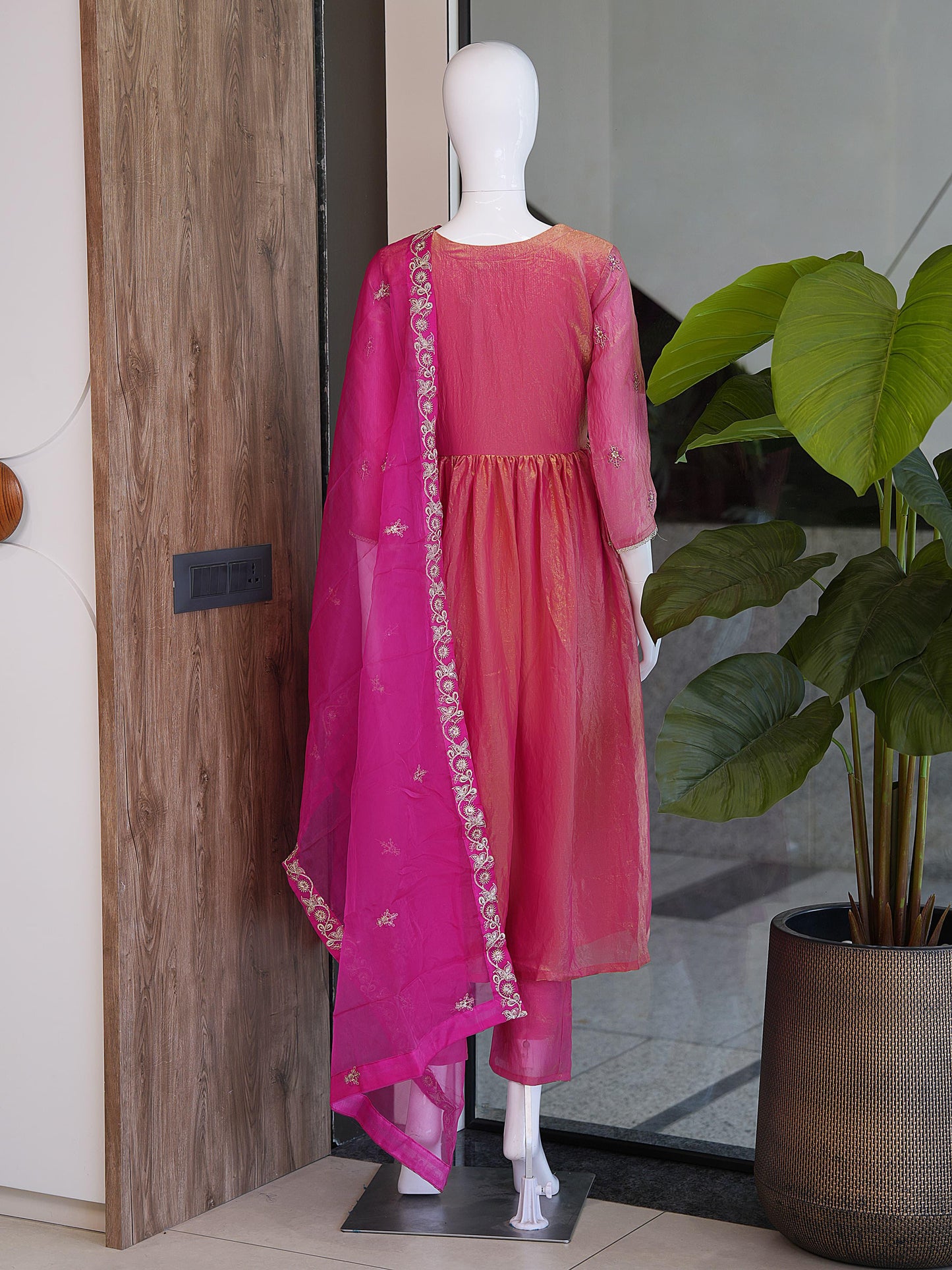 Women Embroidered Chinon Kurta Palazzo Dupatta Set with Ethnic Wear