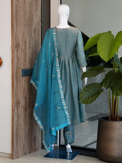 Women Embroidered Chinon Kurta Palazzo Dupatta Set with Ethnic Wear
