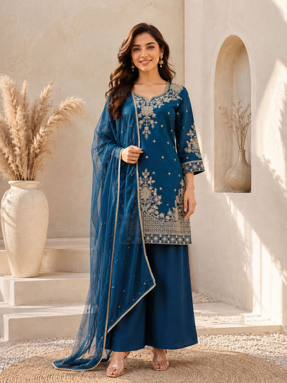 Evara Signature Royale Embroidered Roman Silk Palazzo Set