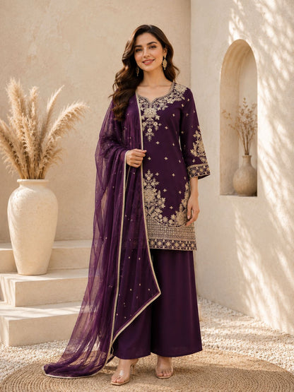 Evara Signature Royale Embroidered Roman Silk Palazzo Set
