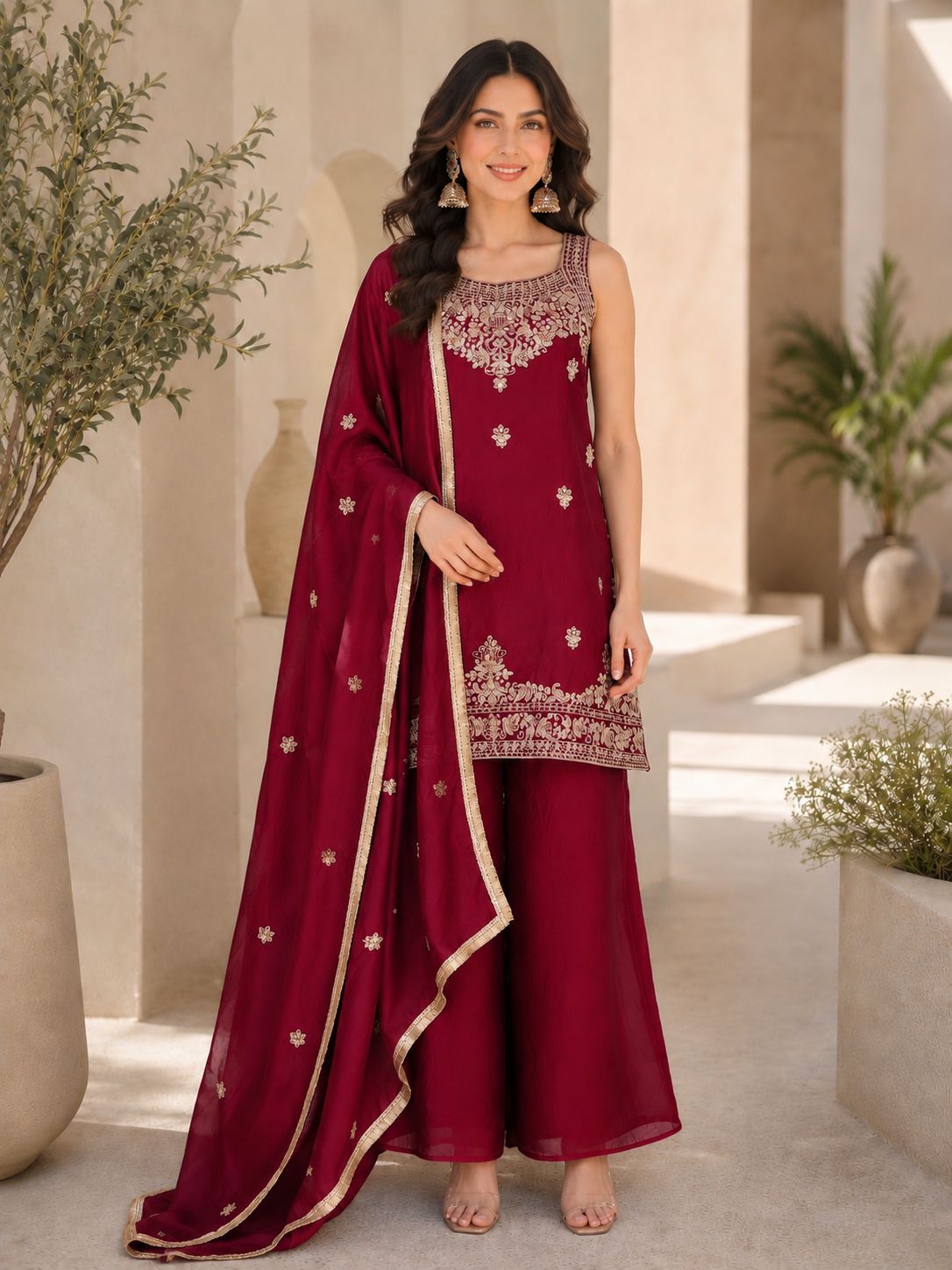 Evara Elite Designer Rangoli Crush Embroidered Kurta Palazzo Set with Heavy Embroidered Dupatta for Women (Wine & Purple)