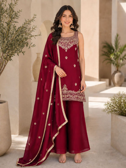 Evara Elite Designer Rangoli Crush Embroidered Kurta Palazzo Set with Heavy Embroidered Dupatta for Women (Wine & Purple)
