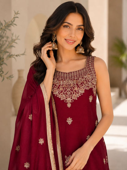 Evara Elite Designer Rangoli Crush Embroidered Kurta Palazzo Set with Heavy Embroidered Dupatta for Women (Wine & Purple)