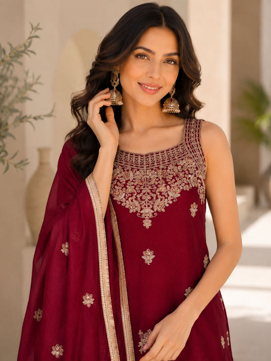 Evara Elite Designer Rangoli Crush Embroidered Kurta Palazzo Set with Heavy Embroidered Dupatta for Women (Wine & Purple)