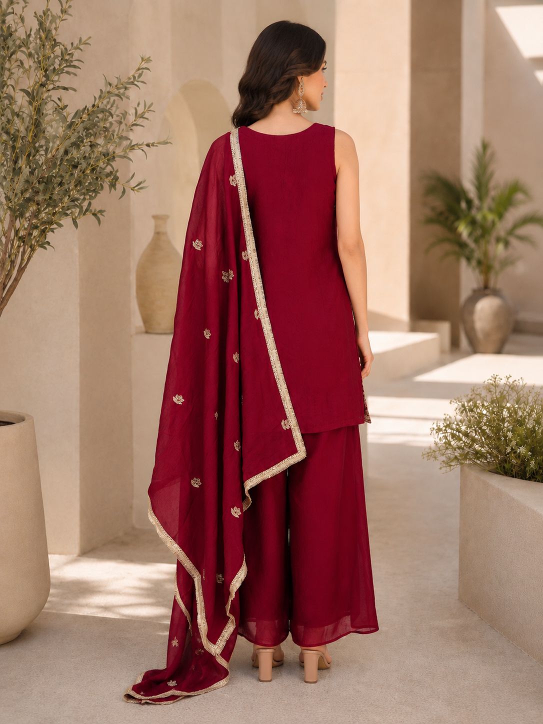 Evara Elite Designer Rangoli Crush Embroidered Kurta Palazzo Set with Heavy Embroidered Dupatta for Women (Wine & Purple)