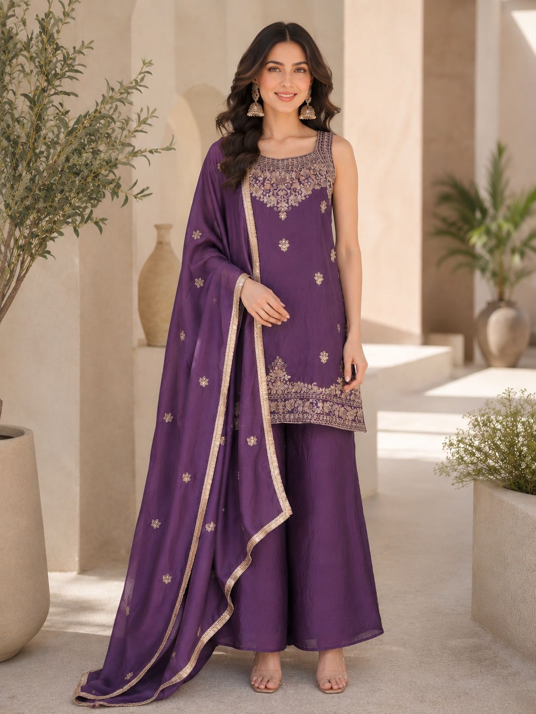 Evara Elite Designer Rangoli Crush Embroidered Kurta Palazzo Set with Heavy Embroidered Dupatta for Women (Wine & Purple)