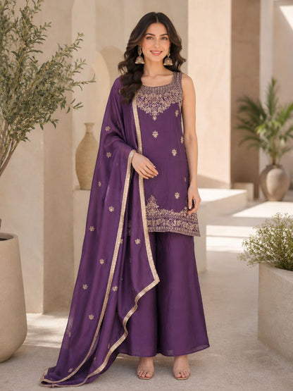 Evara Elite Designer Rangoli Crush Embroidered Kurta Palazzo Set with Heavy Embroidered Dupatta for Women (Wine & Purple)