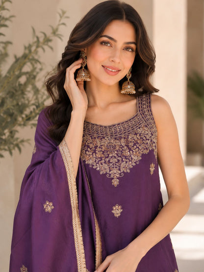 Evara Elite Designer Rangoli Crush Embroidered Kurta Palazzo Set with Heavy Embroidered Dupatta for Women (Wine & Purple)