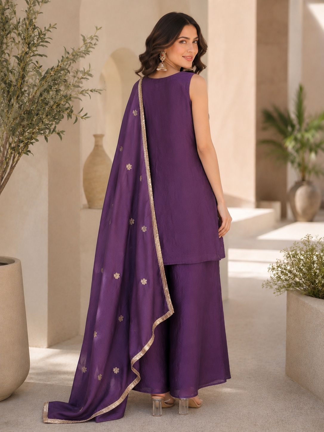Evara Elite Designer Rangoli Crush Embroidered Kurta Palazzo Set with Heavy Embroidered Dupatta for Women (Wine & Purple)