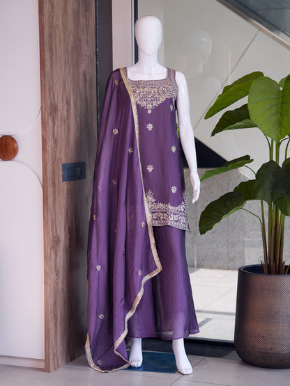 Evara Elite Designer Rangoli Crush Embroidered Kurta Palazzo Set with Heavy Embroidered Dupatta for Women (Wine & Purple)