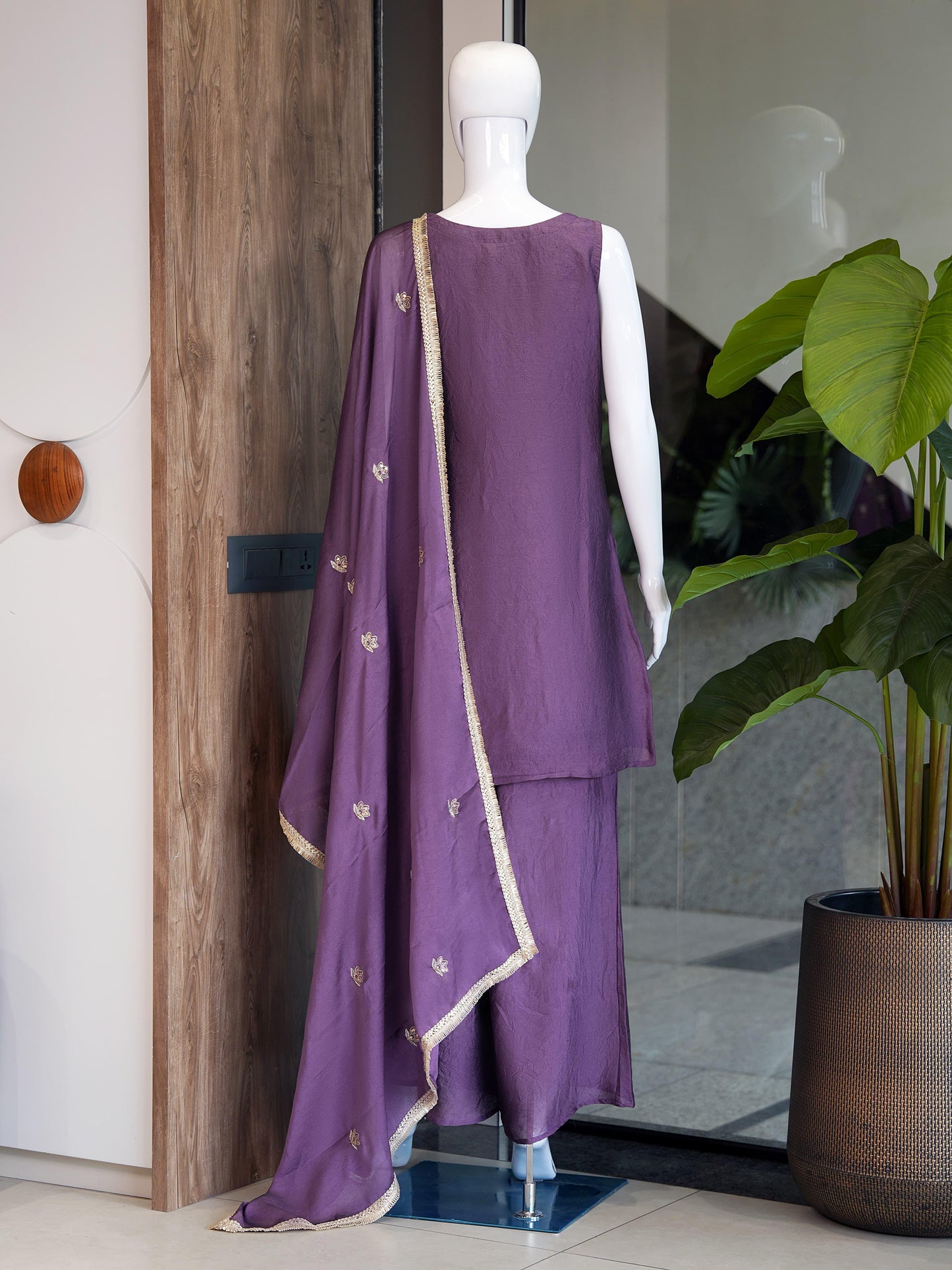Evara Elite Designer Rangoli Crush Embroidered Kurta Palazzo Set with Heavy Embroidered Dupatta for Women (Wine & Purple)