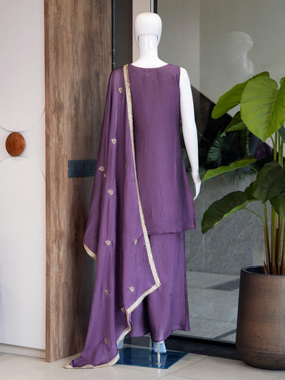 Evara Elite Designer Rangoli Crush Embroidered Kurta Palazzo Set with Heavy Embroidered Dupatta for Women (Wine & Purple)