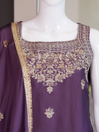 Evara Elite Designer Rangoli Crush Embroidered Kurta Palazzo Set with Heavy Embroidered Dupatta for Women (Wine & Purple)