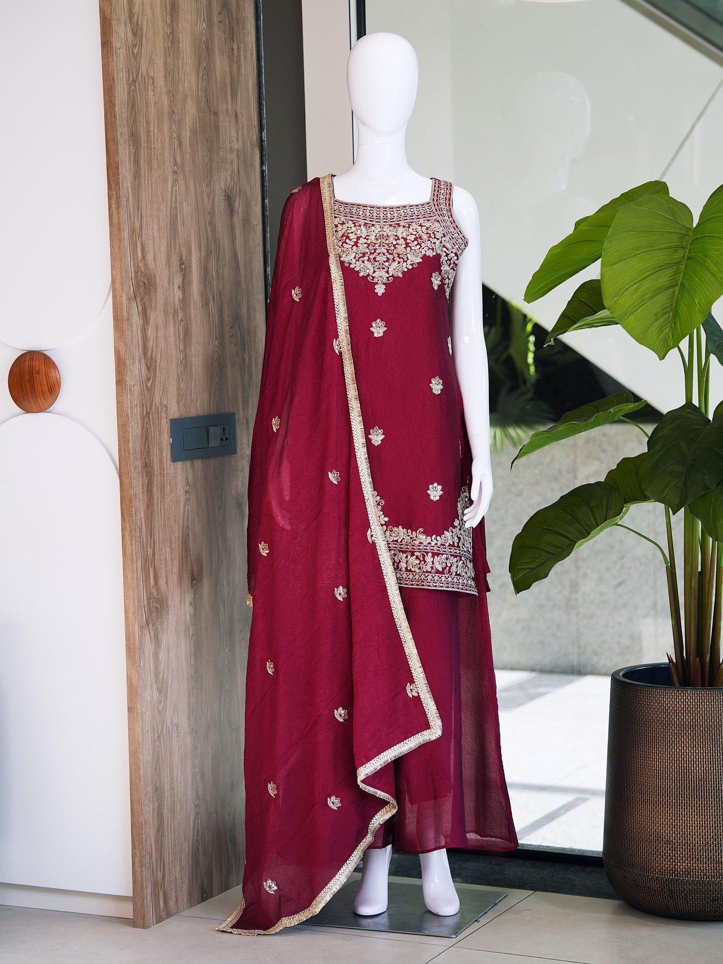 Evara Elite Designer Rangoli Crush Embroidered Kurta Palazzo Set with Heavy Embroidered Dupatta for Women (Wine & Purple)