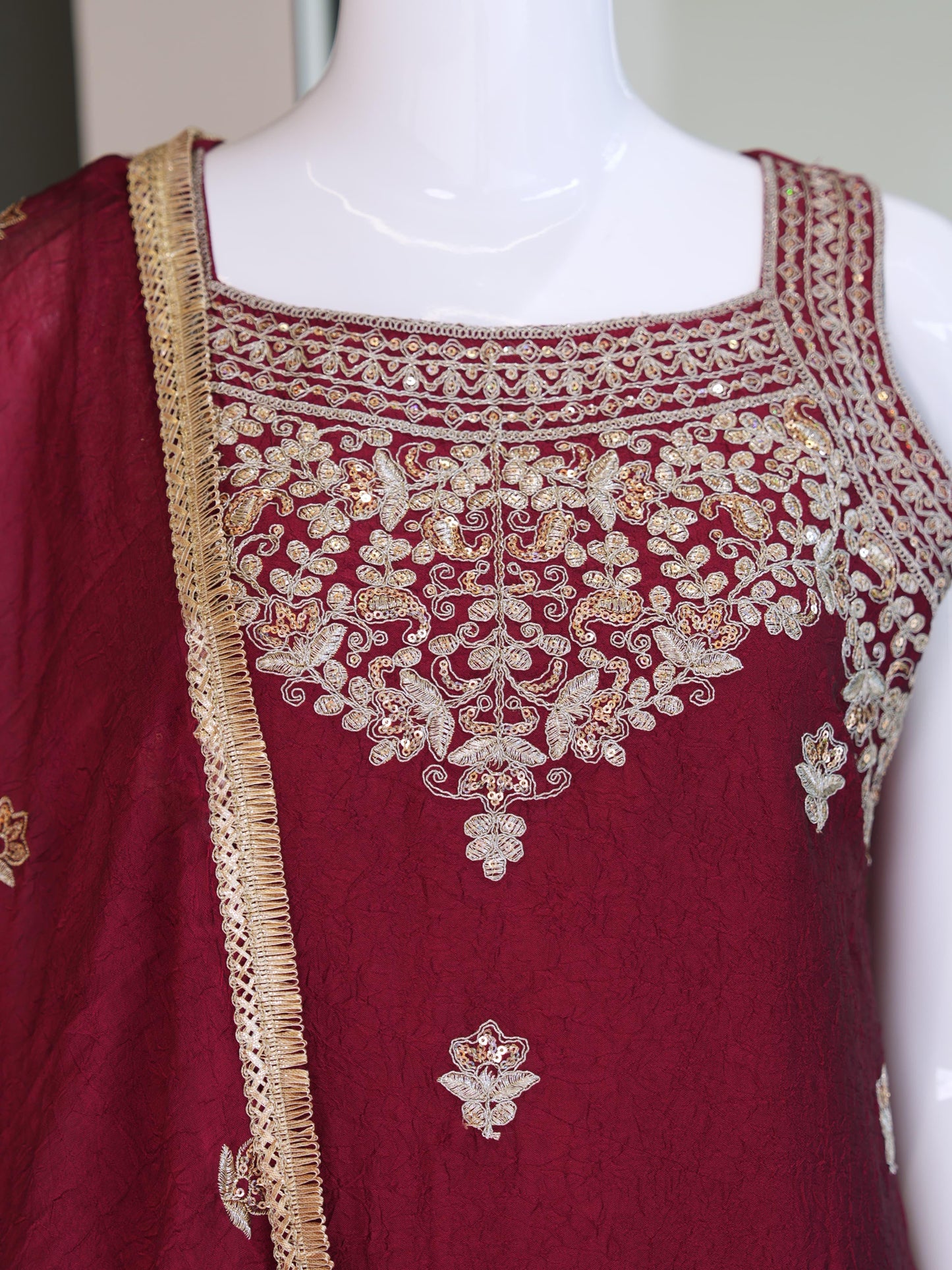 Evara Elite Designer Rangoli Crush Embroidered Kurta Palazzo Set with Heavy Embroidered Dupatta for Women (Wine & Purple)