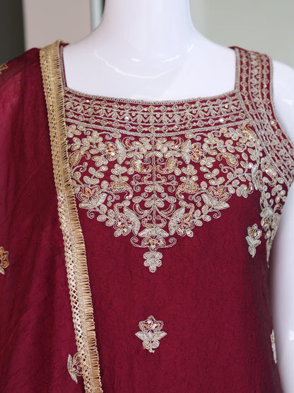 Evara Elite Designer Rangoli Crush Embroidered Kurta Palazzo Set with Heavy Embroidered Dupatta for Women (Wine & Purple)