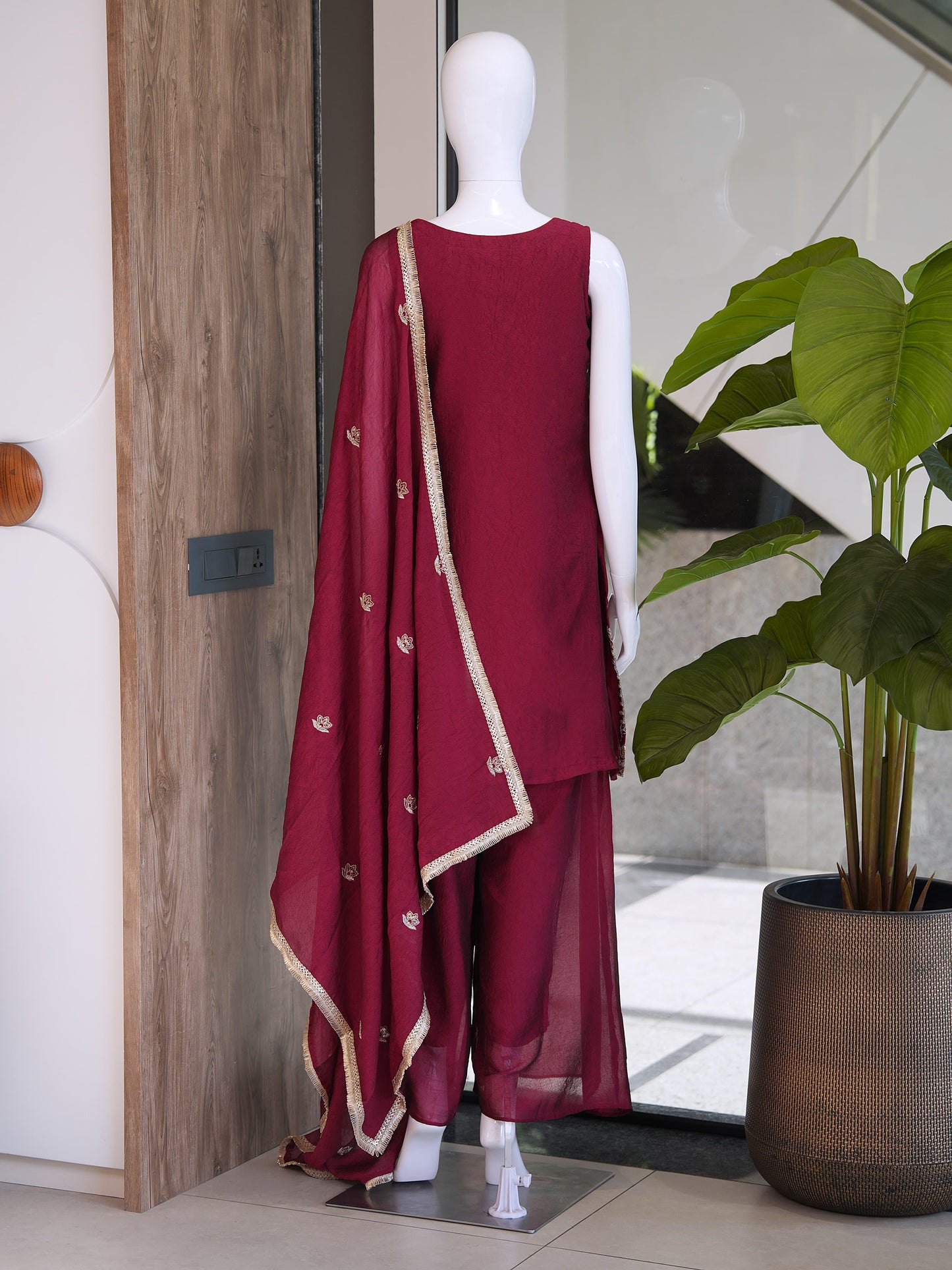 Evara Elite Designer Rangoli Crush Embroidered Kurta Palazzo Set with Heavy Embroidered Dupatta for Women (Wine & Purple)