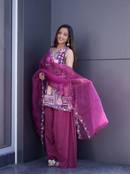Women's Traditional Embroidered Kurta Set with Palazzo and Dupatta