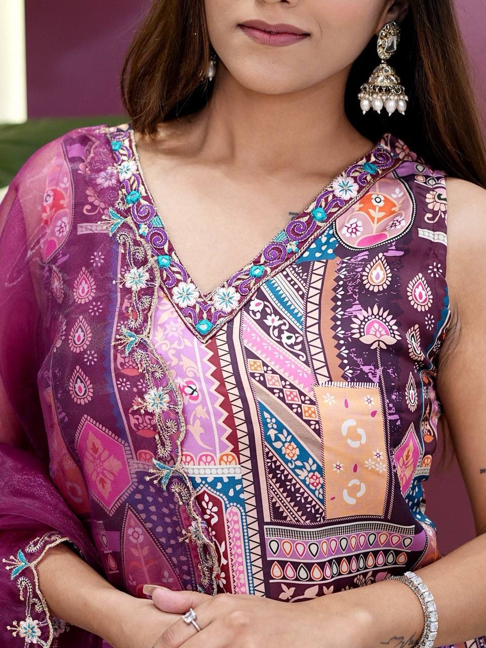 Women's Traditional Embroidered Kurta Set with Palazzo and Dupatta