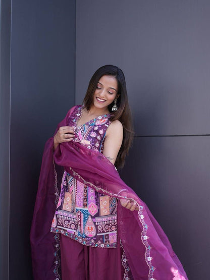 Women's Traditional Embroidered Kurta Set with Palazzo and Dupatta