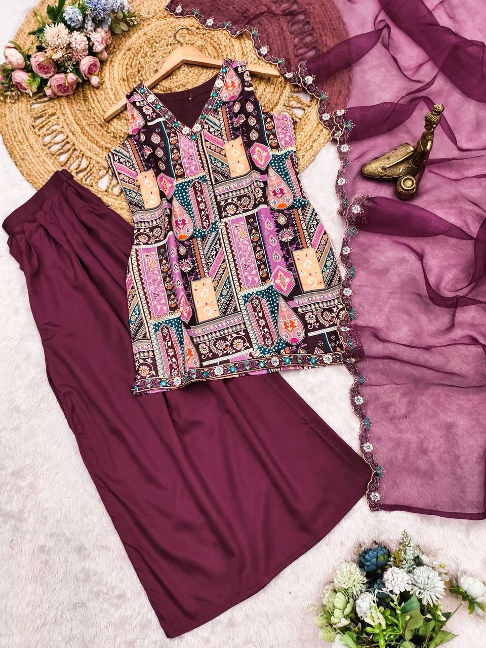 Women's Traditional Embroidered Kurta Set with Palazzo and Dupatta