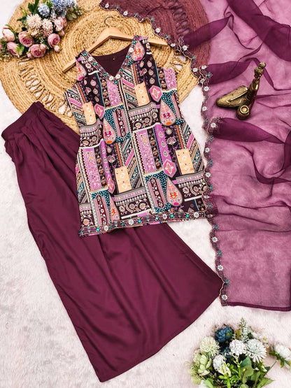 Women's Traditional Embroidered Kurta Set with Palazzo and Dupatta