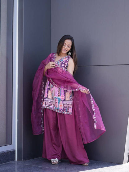 Women's Traditional Embroidered Kurta Set with Palazzo and Dupatta