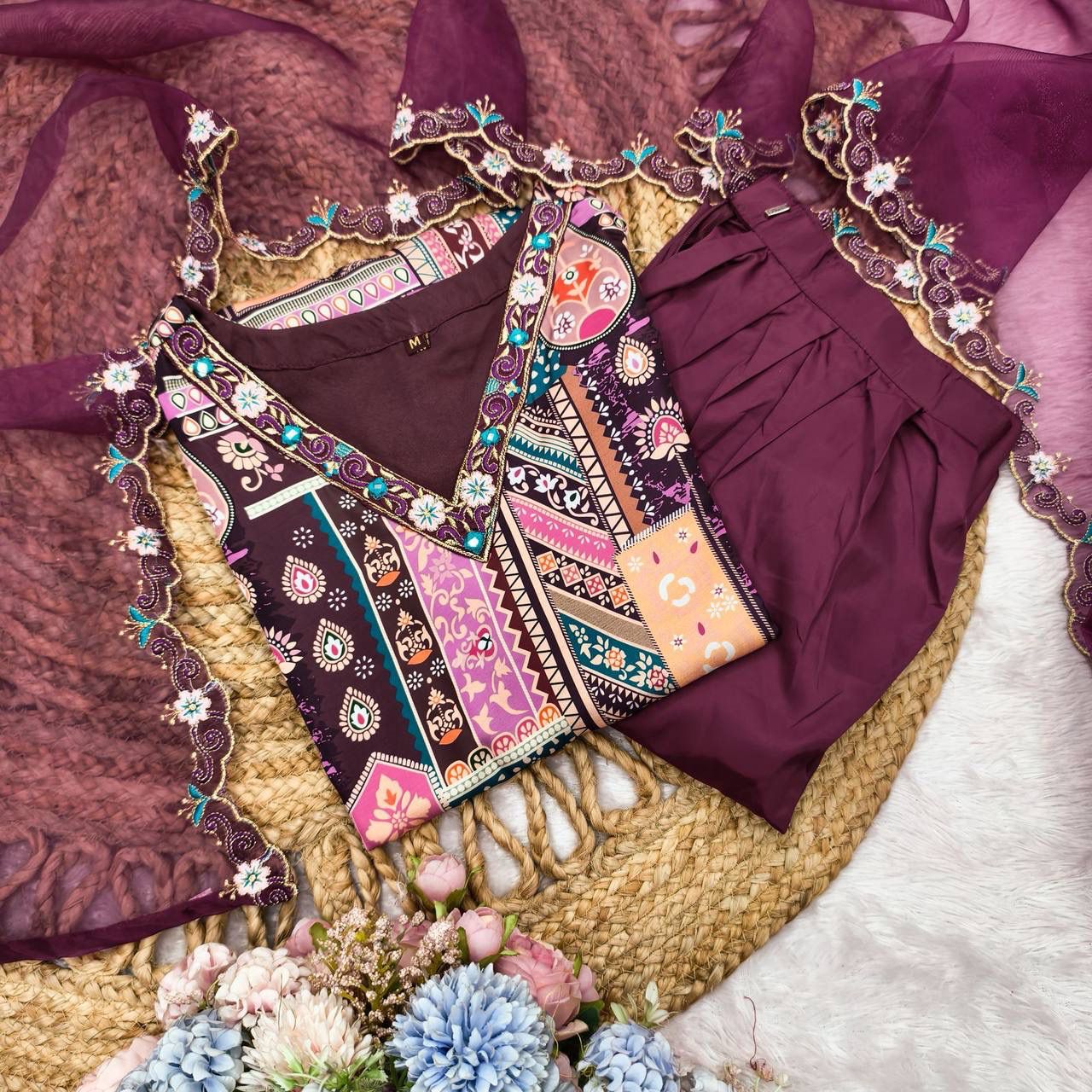 Women's Traditional Embroidered Kurta Set with Palazzo and Dupatta
