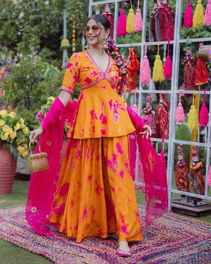 Orange Rangoli Fabric Kurta Palazzo Set with Embroidered Dupatta