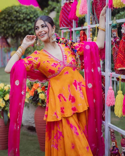 Orange Rangoli Fabric Kurta Palazzo Set with Embroidered Dupatta