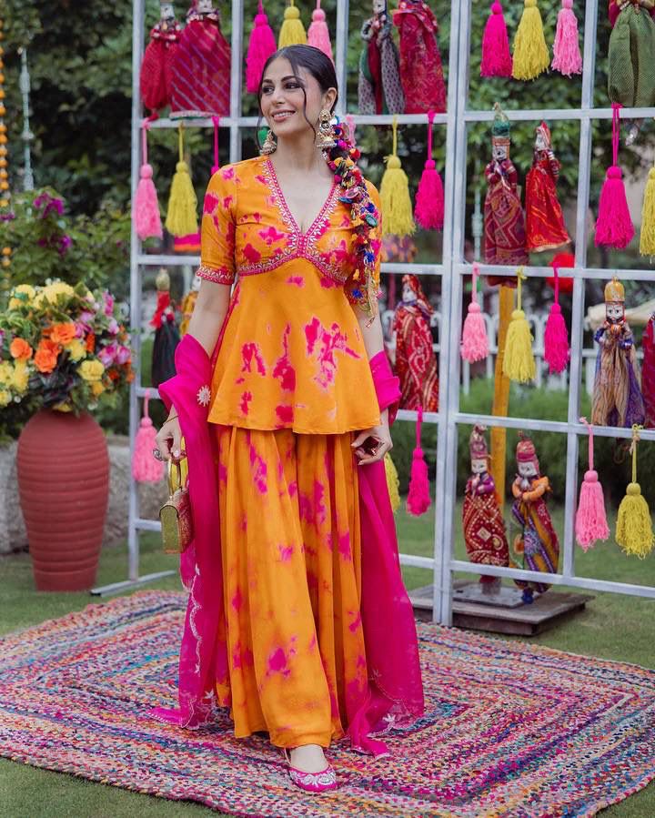 Orange Rangoli Fabric Kurta Palazzo Set with Embroidered Dupatta