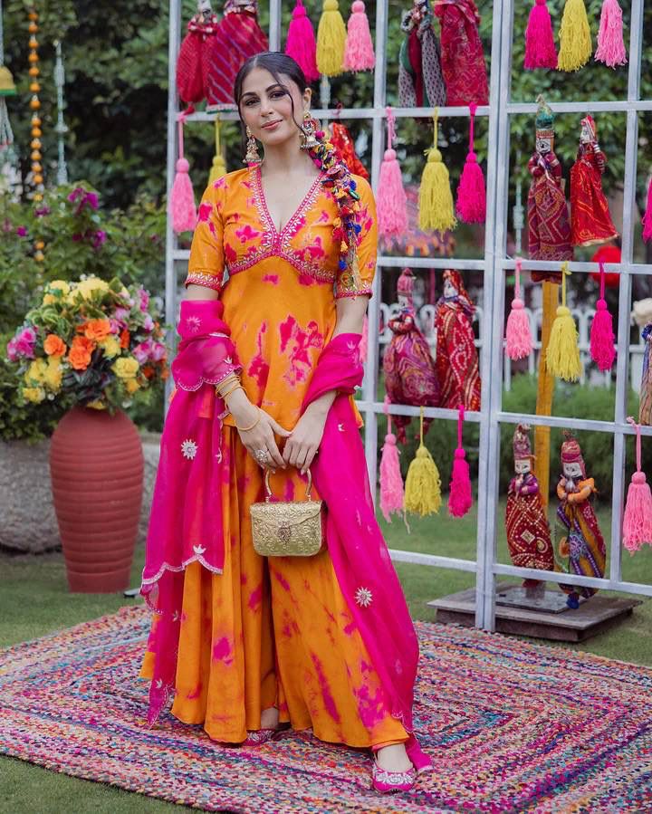 Orange Rangoli Fabric Kurta Palazzo Set with Embroidered Dupatta