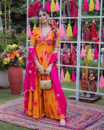 Orange Rangoli Fabric Kurta Palazzo Set with Embroidered Dupatta