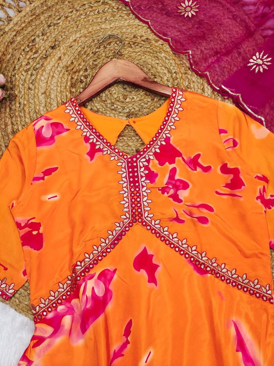 Orange Rangoli Fabric Kurta Palazzo Set with Embroidered Dupatta