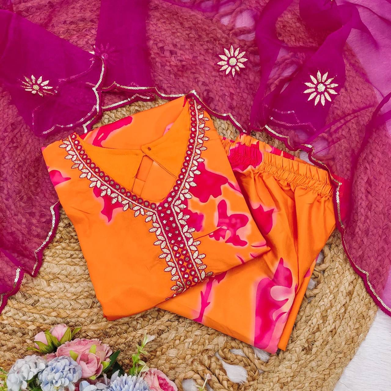 Orange Rangoli Fabric Kurta Palazzo Set with Embroidered Dupatta
