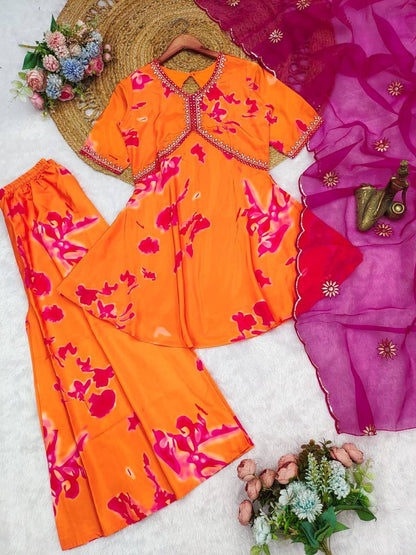 Orange Rangoli Fabric Kurta Palazzo Set with Embroidered Dupatta