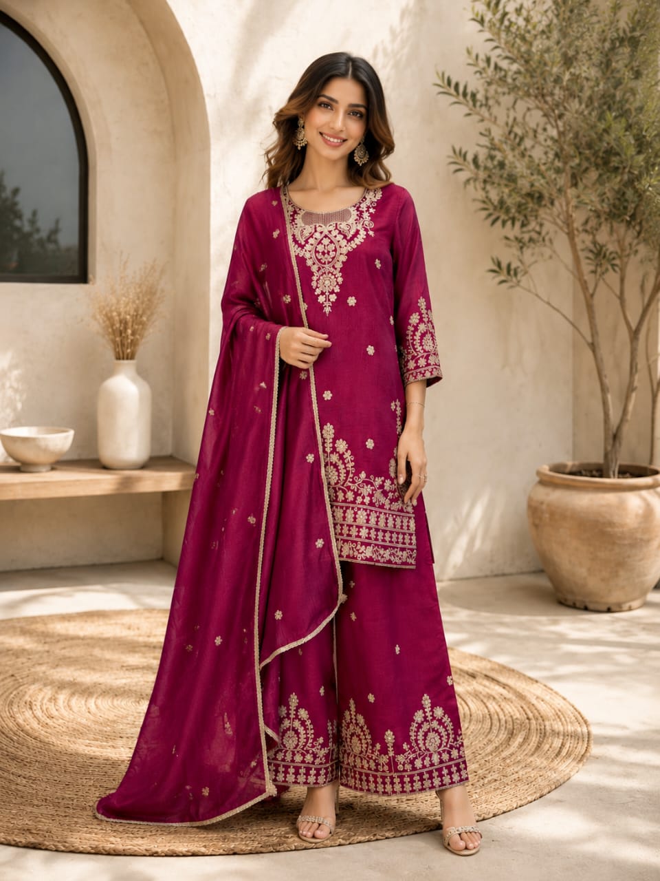 Women's Festive Wear Embroidered Kurta Sharara Set with Dupatta